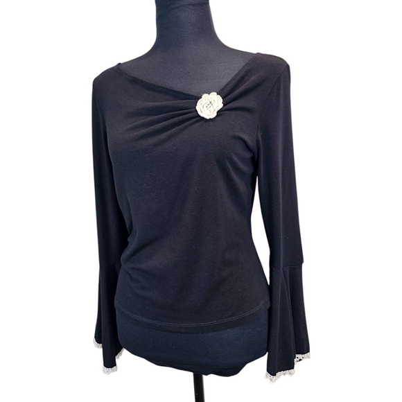 Vintage Y2K Black Knit Top MP Flared Sleeves Rosette Flower Balletcore Soft Girl - Picture 3 of 16